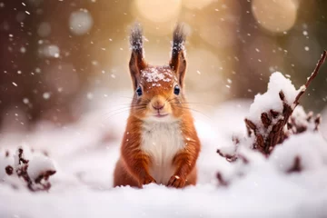 Rolgordijnen Cute red squirrel in the snow © Guido Amrein