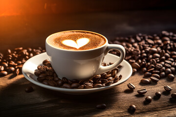 Cup of coffee latte with heart shape and coffee beans on old wooden background with morning lighting, AI Generative