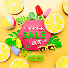 3d template design - Yellow glasses and lemons, Palm leafs.  Summer sale, hot sun