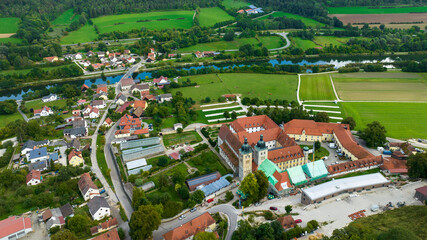 Aerial view Plankstetten with Benedictine Abbey, Plankstetten, Berching, Bavaria, Germany,