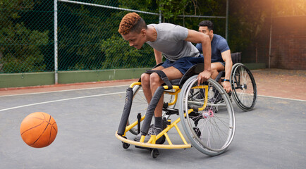 Sports, basketball and men in wheelchair for exercise, training and workout on outdoor court. Fitness, team and male people with disability tackle ball for playing competition, practice and games