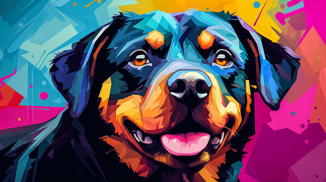 Rottweiler dog face close up illustration vector in abstract mixed grunge colors digital painting in minimal graphic art style. Digital illustration generative AI.