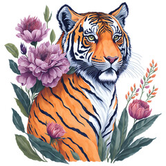 Watercolor Tiger With Flowers PNG Design,  Can be used for the logo, t-shirt design, posters, banners, greetings, print design, generative ai	
