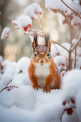 Cute red squirrel in the snow - obrazy, fototapety, plakaty