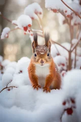 Crédence de cuisine en verre imprimé Écureuil Cute red squirrel in the snow