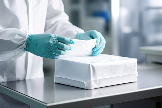 A medical worker in a white uniform and latex gloves opens or seals a package on a table in a laboratory.