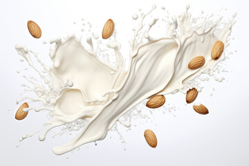 Splash in the air of almond milk and almond nuts on a white background.