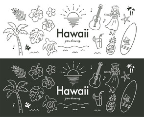 ハワイ南国手描き色々モノクロ