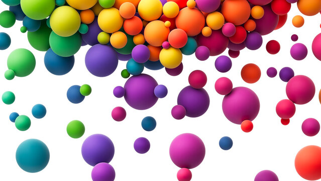 Colorful matte soft balls in different sizes isolated on transparent background. Abstract composition with many colorful random flying spheres. PNG file