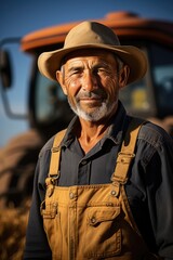 Fototapeta premium A man wearing a hat standing in front of a tractor. Portrait of a farmer.