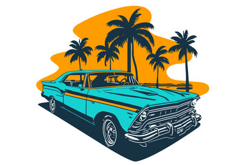 Classic american car style. Vintage vehicle vector illustration. Modern print design of retro machine. - obrazy, fototapety, plakaty