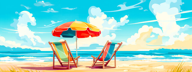 deck chair and parasol on a sandy beach on the ocean shore in a tropical paradise, banner made with Generative AI