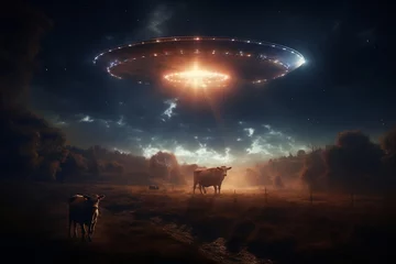 Fotobehang UFO ufo and cows at night
