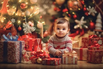 Fototapeta na wymiar Cute baby sitting under christmas tree and guardian gifts