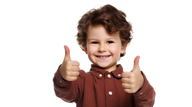 Happy child giving a thumbs up to the camera, transparent background