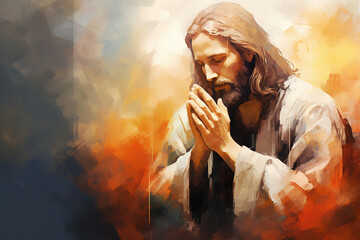 Jesus Christ praying out to God religious art. Generative AI painting