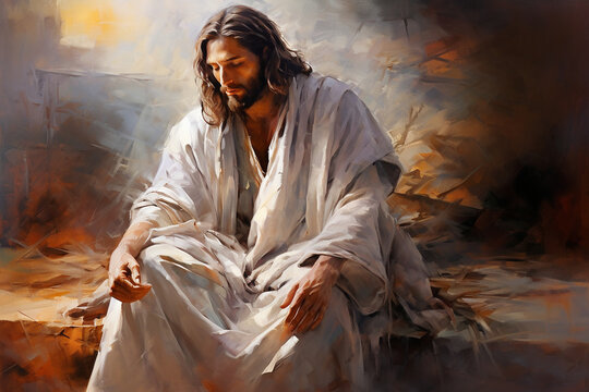 Jesus Christ praying out to God religious art. Generative AI painting
