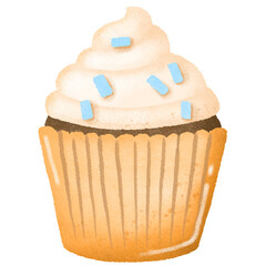 a hand painting of cute pastel cupcake with blue sprinkle on top. illustration png clipart for birthday card decoration
