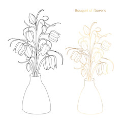 Tulip in vaseTulips in a vase  set black and white, gold line art. Forest flowers in a vase. Gold line art flowers - 629930606