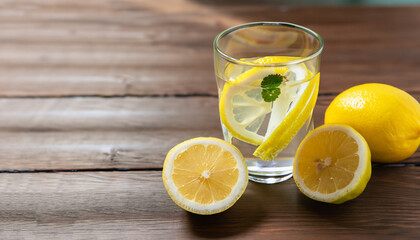 Glass with lemon water and fresh fruit on wooden table