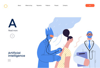 Artificial intelligence, Medicine -modern flat vector concept illustration of AI auscultating patient with stethoscope. Human doctor nearby. Metaphor of AI advantage, superiority and dominance concept