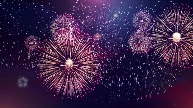 Colorful fireworks lights sky with bokeh background with copy space for New Year celebration, Abstract holiday background. anniversary, celebration , 4th independence day and new year eve show night.