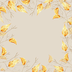 Watercolor autumn frame with tree branch golden foliage. Hand painting sketch isolated on white background. For designers, decoration, shop, for postcards,