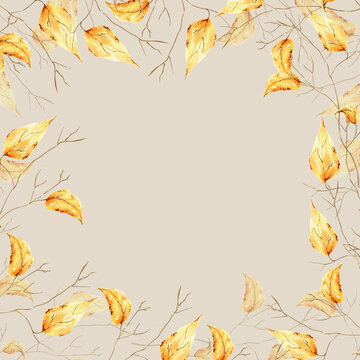 Watercolor autumn frame with tree branch golden foliage. Hand painting sketch isolated on white background. For designers, decoration, shop, for postcards,