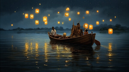 lantern travel boat light river celebration night water lamp festival. Generative AI.