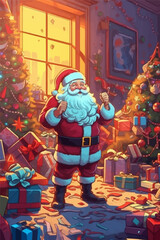 Cartoon of Santa Claus standing in a room filled with Christmas decorations.