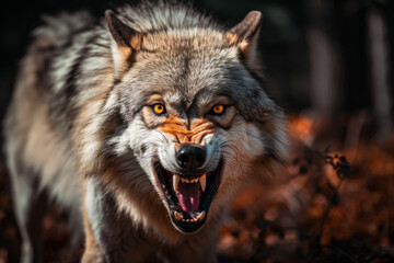 A large wolf snarling at the camera