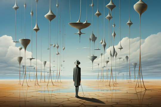 Human in surreal fantasy world, back view of man in suit and with cane standing in desert with objects flying in air, symbolism illustration