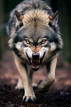 A large wolf snarling at the camera