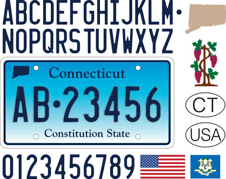Connecticut car license plate, USA, letters, numbers and symbols, vector illustration, USA