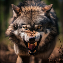 A large wolf snarling at the camera