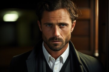 Masculinity and Grooming: A portrait of a man with a sultry, good-looking, sharp-tongued appearance.