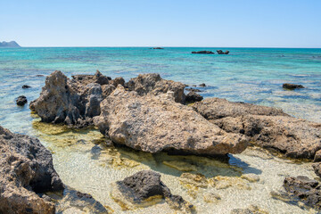 Beautiful view of the sea and stones, Elafonissi beach, Kissamos, Crete, Greece