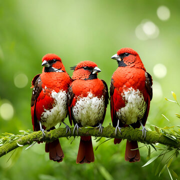 triple red brids with white spots and brown wings perching together on thin grass branch expose over bright green background, red avadavat