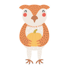 Cute owl holding pumpkin character illustration. Hand drawn animal, Scandinavian style flat design, isolated vector. Kids autumn, fall print, element, seasonal activity