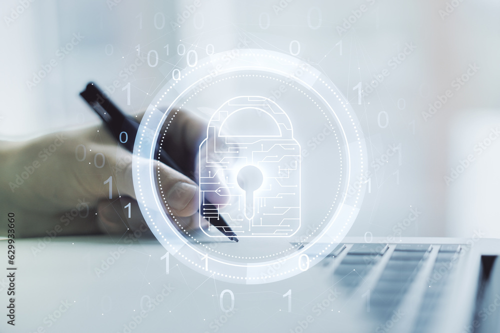 Aufkleber Creative idea concept with lock symbol and microcircuit illustration and hand writing in notebook on background with laptop. Protection and firewall concept. Multiexposure
