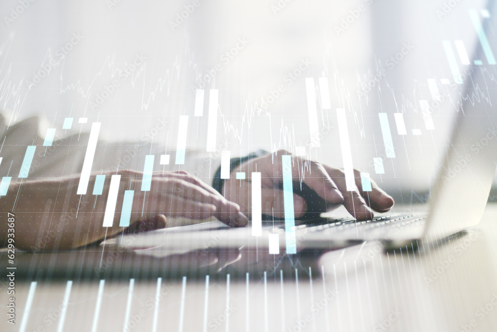 Poster multi exposure of abstract creative financial chart with hand typing on computer keyboard on backgro