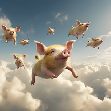 Flying pigs in the sky. AI generated.
