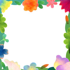 色鉛筆とオイルパステルで手描きしたかわいいお花のイラストフレーム