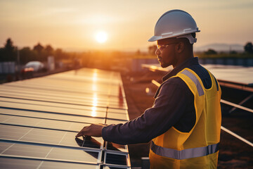 Worker is working installing or inspection on Solar panel or solar cell . Concept clean energy power in nature.