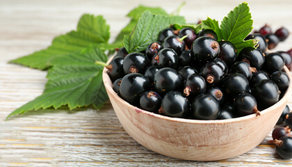 Ripe blackcurrants and leaves on light wooden table, closeup