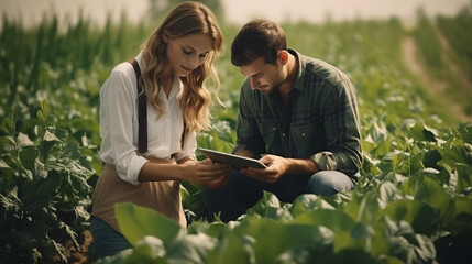 Business man and an agronomist are studying seedlings of crops in field. Business people teamwork. Farmers man, woman work in field with. Smart farming technologies in agriculture. Generative AI. - obrazy, fototapety, plakaty
