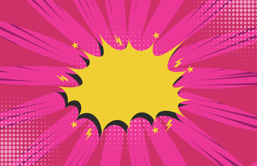 Comics book empty colored template background. Pop art colorful backdrop mock up. Vector illustration halftone dot chat mockup versus comic text. Silhouette boom explosion. Speech bubble box balloon.