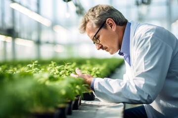agricultural scientists researching plants and diseases in a greenhouse. Generative AI.