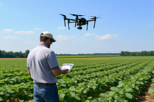 Farmers with drone on field. Generative AI.