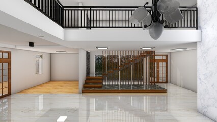 Empty room of modern minimalist style house with wide window opening to green terrace and garden. 3d renders